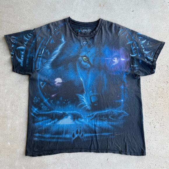 Vintage Liquid Blue Wolf Moon All Over Print 2001 T-Shirt XL Distressed Thrashed - Picture 1 of 9